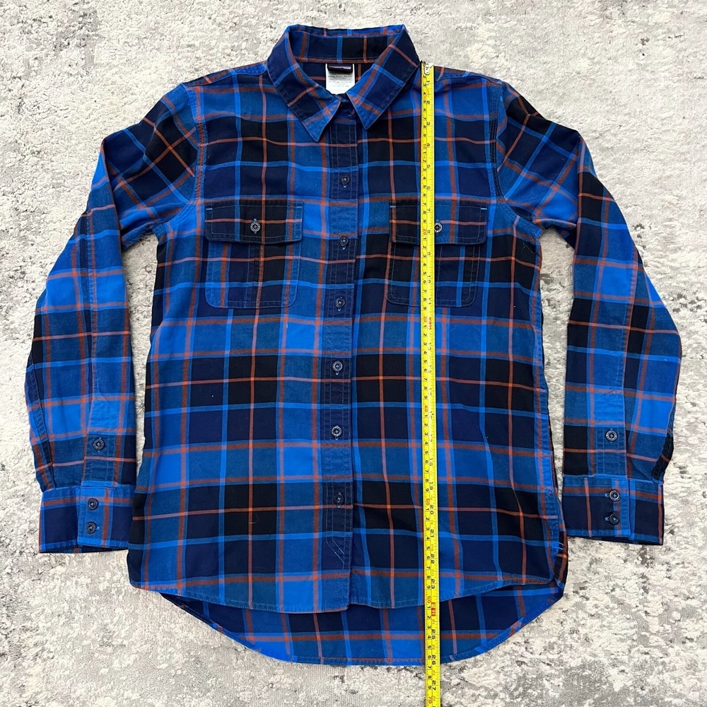 Patagonia Womens Size 2 Blue Plaid Flannel Button Down Shirt Hiking Outdoor
